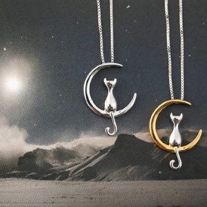 14k Gold Adorable Cat Moon Sterling Silver Necklace
